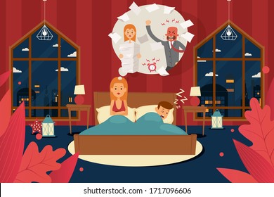 Sleep problems due to work stress, angry boss. Tense, upset wife in bedroom, husband fell asleep in bed. Girl character thinks about quarrel with employer and stay awake at night flat banner.