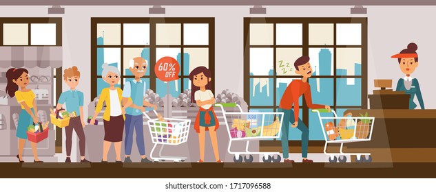 Sleep problems, exhausted man in supermarket hold up queue, vector illustration. Disgruntled customers standing behind sleeping character guy near cash register. Cartoon shop with showcase, windows.