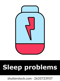 Sleep problems icon. Blue and red bottle with lightning bolt indicating stimulant supplements that disrupt natural sleep cycle.