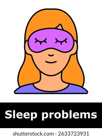 Sleep problems icon. Calm woman wearing purple sleep mask for light blocking and sleep improvement during bedtime.