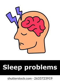 Sleep problems icon. Human head with closed eyes, brain, and lightning bolts indicating stress, insomnia, mental fatigue, overthinking, and neurological disturbance.