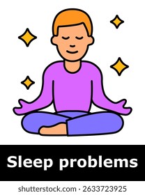 Sleep problems icon. Man in lotus pose meditating with closed eyes, representing mindfulness or breathing to improve sleep.