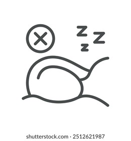 Icono de problemas de sueño. Ilustración de línea simple de una persona en la cama con una cruz y zumbido, que representa los trastornos del sueño y el insomnio.