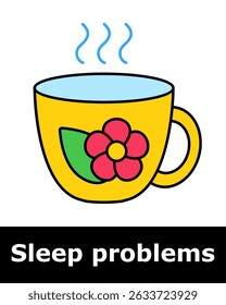 Sleep problems icon. Warm floral tea in yellow mug with steam, symbolizing natural calming drink to reduce sleep issues.