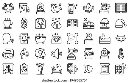 Sleep problems icons set. Outline set of sleep problems vector icons for web design isolated on white background