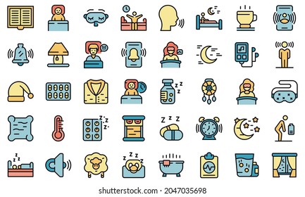 Sleep problems icons set. Outline set of sleep problems vector icons thin line color flat isolated on white