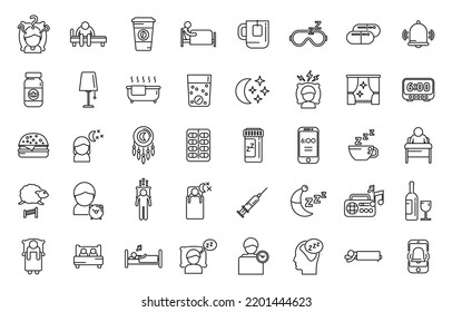 Sleep problems icons set outline vector. Sleep mask. Dream trouble