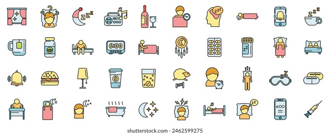 Sleep problems icons set outline vector. Sleep mask. Dream trouble thin line color flat on white
