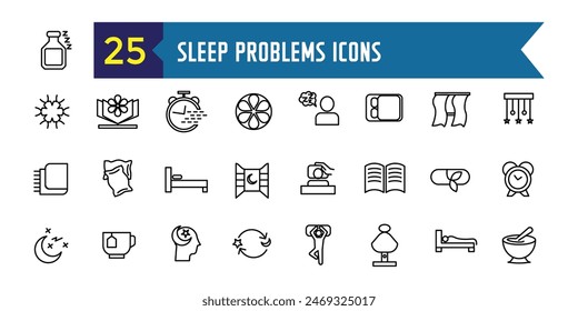 Sleep problems icons set. Outline set of sleep problems vector icons for ui design. Outline icon collection. Editable stroke.