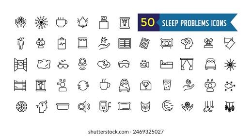 Sleep problems icons set. Outline set of sleep problems vector icons for ui design. Outline icon collection. Editable stroke.