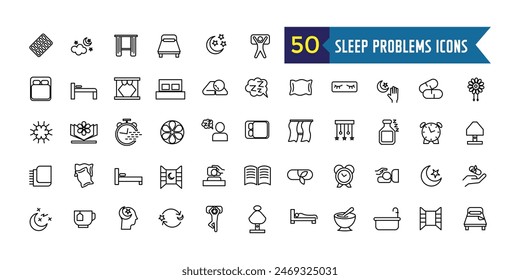 Sleep problems icons set. Outline set of sleep problems vector icons for ui design. Outline icon collection. Editable stroke.