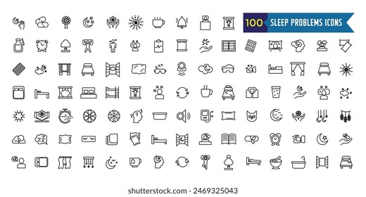 Sleep problems icons set. Outline set of sleep problems vector icons for ui design. Outline icon collection. Editable stroke.