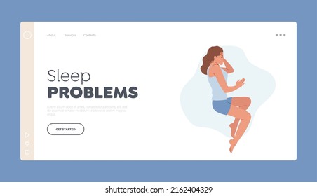 Sleep Problems Landing Page Template. Girl Sleep on Side with Bent Legs. Female Character Sleeping Embryo Pose, Woman Wear Pajama Nap Lying in Bed Top View. Cartoon People Vector Illustration