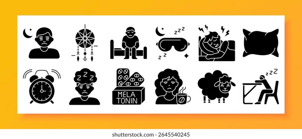Sleep problems set icon. Depicts supplement, ghost, tea, mask, candle, pills, no sleep, moon, running, hugging pillow, meditation, brain with lightning
