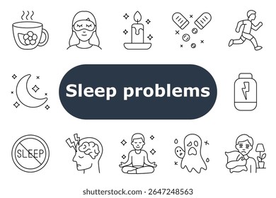 Ícone de definição de problemas de suspensão. Chá de ervas, máscara ocular, vela, medicação, corrida, perda de energia, lua, nenhum sinal de sono, tensão cerebral, meditação, medo de fantasma, abraço travesseiro, rotina noturna, auxílio insônia.