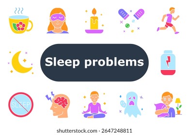 Ícone de definição de problemas de suspensão. Chá de ervas, máscara ocular, vela, medicação, corrida, perda de energia, lua, nenhum sinal de sono, tensão cerebral, meditação, medo de fantasma, abraço travesseiro, rotina noturna, auxílio insônia.