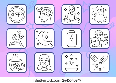 Sleep problems set icon. Insomnia, brain tension, meditation, nightmares, moon, supplement, exhaustion, tea, eye mask, candle, pills.