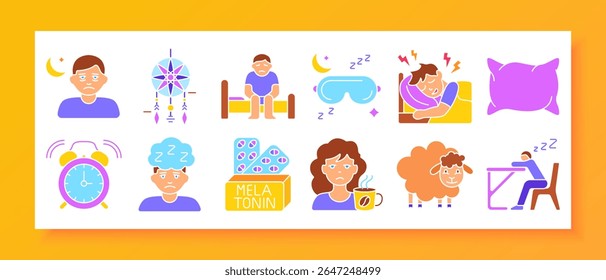 Ícone de definição de problemas de suspensão. Insônia, pesadelos, ansiedade, chá, velas, máscaras oculares, cérebro perturbado, noite inquieta, poses calmas, pílulas para dormir, corrida cansada, símbolos da lua e camas.