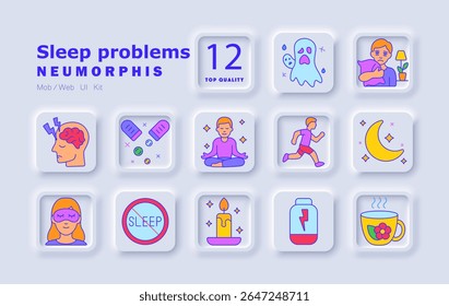 Ícone de definição de problemas de suspensão. Insônia, pesadelos, ansiedade, tensão cerebral, terapia de relaxamento, suplementos, exercício, meditação, lua, vela, chá, travesseiro, falta de descanso, cérebro cansado.