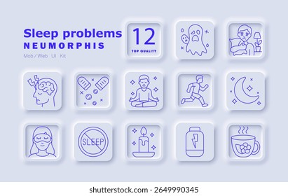 Sleep problems set icon. Insomnia, nightmares, anxiety, brain tension, relaxation therapy, supplements, exercise, meditation, moon, candle, tea, pillow, lack of rest, tired brain.