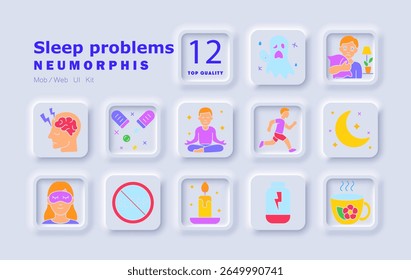 Sleep problems set icon. Insomnia, nightmares, anxiety, brain tension, relaxation therapy, supplements, exercise, meditation, moon, candle, tea, pillow, lack of rest, tired brain.