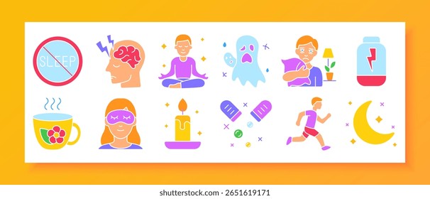 Sleep problems set icon. Insomnia, nightmares, anxiety, tea, candles, eye masks, disturbed brain, restless night, calm poses, sleeping pills, tired running, moon symbols, and beds.