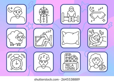 Sleep problems set icon. Late thoughts, dreamcatcher, poor rest, eye mask, counting sheep, desk sleep, pillow, pain, melatonin, caffeine.