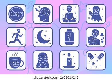 Ícone de definição de problemas de suspensão. Sem sono, sobrecarga cerebral, meditação, pesadelo, lua, perda de energia, insônia, chá, máscara, vela, suplemento, pílulas para dormir.