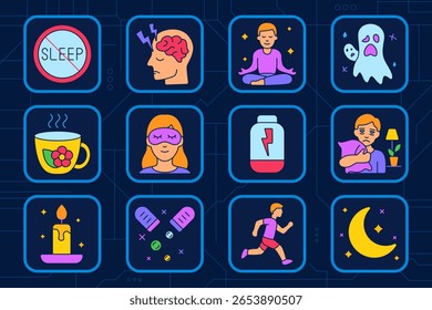 Sleep problems set icon. No sleep, brain stress, meditation, ghost nightmare, herbal tea, eye mask, energy loss, tired woman, candle, pills, jogging, night moon.