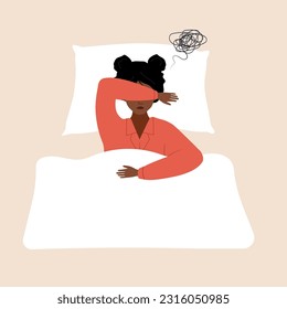 Problemas de sueño. Mujer africana cansada en la cama y sufre de dolor de cabeza. Insomnio o concepto de trastorno del sueño. Ilustración vectorial al estilo de las caricaturas planas.