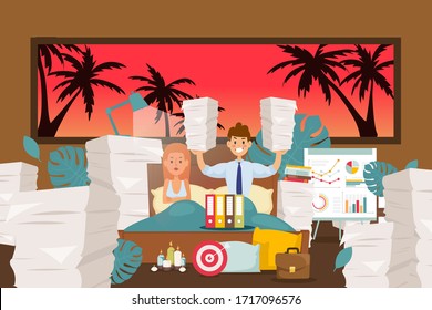 Problemas de sueño, trabajo aholic descuida la ilustración vectorial de reposo. Un hombre trasladó su trabajo a casa, papeles, documentos en un dormitorio de caricaturas. Disgustada esposa al lado de motivado marido, cartel.