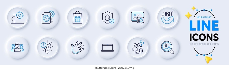 Sleep, Project deadline and Business target line icons for web app. Pack of Waterproof, Group, Time management pictogram icons. Hand, Laptop, Like photo signs. Holidays shopping. Vector