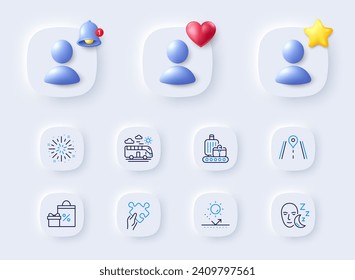Sleep, Puzzle and Road line icons. Placeholder with 3d bell, star, heart. Pack of Fireworks explosion, Bus travel, Sun protection icon. Baggage belt, Shopping pictogram. For web app, printing. Vector