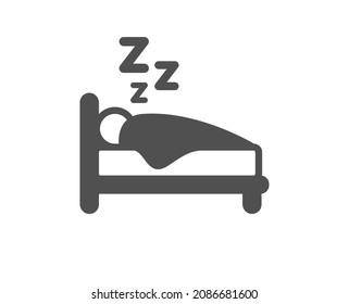 Icono de calidad de sueño. Cartel de la cama de descanso nocturno. Símbolo humano de la hora de acostarse. Clásico estilo plano. Elemento de diseño de calidad. Icono de sueño simple. Vector