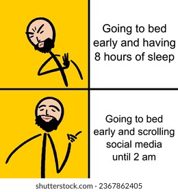 Sleep quality and social media insomnia. Funny meme for social media sharing.