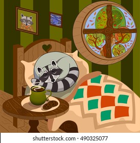 sleep raccoon kid morning bed room window autumn