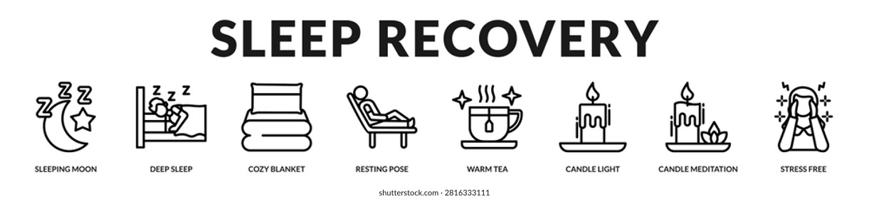 Sleep recovery collection promoting deep rest, bedtime relaxation, calming rituals, and restorative nighttime wellness habits in Lineal Icon Style
