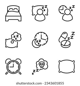 Sleep Related Vector Line Icons Set. Kissen, Schlaf, Träumen, Mond, Schlafzimmer, komfortabel, Traum, Ruhe, Schlaf, Tablet, Komfort, Umriss, Bett, Entspannung, Schlaf, Relaxen, Grafik, Menschen, Schlaflosigkeit