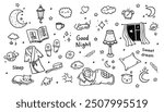 Sleep, relax time, dream night doodle set.  Hand drawn sketch style. Moon, cat, star, lamp element.  Vector illustration.