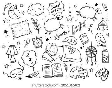 Sleep, relax time, dream night doodle set on white background. Concept comfort night sleep time. Hand drawn sketch style. Moon, cat, star, lamp element. Vector illustration.