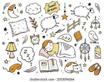 Sleep, relax time, dream night doodle set. Concept comfort night sleep time. Hand drawn sketch style. Moon, cat, star, lamp element. Vector illustration on white background.