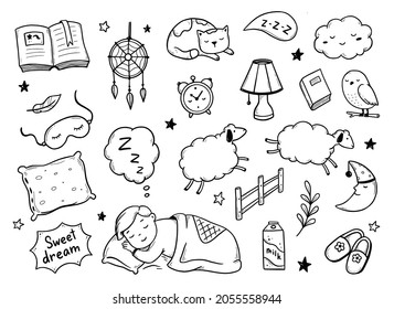 Sleep, relax time, dream night doodle set. Concept comfort night sleep time. Hand drawn sketch style. Moon, cat, star, lamp element. Vector illustration on white background.