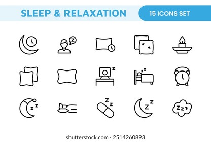 Sleep and Relaxation Icon Collection: Perfect for Wellness Apps, Meditation Tools, Sleep Aids, Stress Relief Techniques, and Calm Living Spaces.
