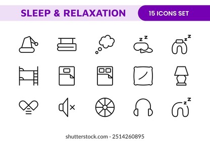 Sleep and Relaxation Icon Collection: Perfect for Wellness Apps, Meditation Tools, Sleep Aids, Stress Relief Techniques, and Calm Living Spaces.