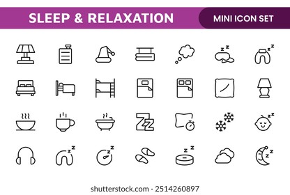 Sleep and Relaxation Icon Collection: Perfect for Wellness Apps, Meditation Tools, Sleep Aids, Stress Relief Techniques, and Calm Living Spaces.