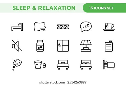 Sleep and Relaxation Icon Collection: Perfect for Wellness Apps, Meditation Tools, Sleep Aids, Stress Relief Techniques, and Calm Living Spaces.