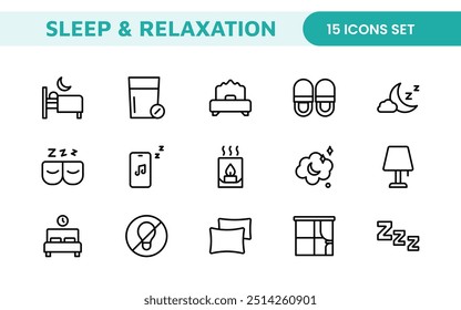 Sleep and Relaxation Icon Collection: Perfect for Wellness Apps, Meditation Tools, Sleep Aids, Stress Relief Techniques, and Calm Living Spaces.