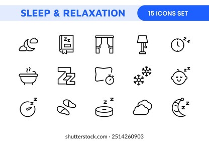 Sleep and Relaxation Icon Collection: Perfect for Wellness Apps, Meditation Tools, Sleep Aids, Stress Relief Techniques, and Calm Living Spaces.