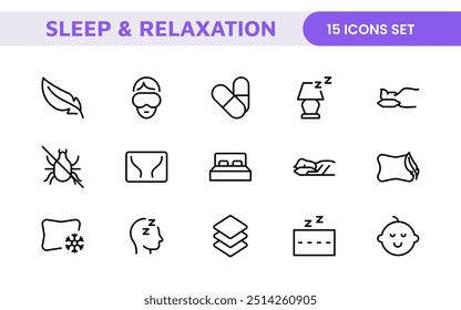 Sleep and Relaxation Icon Collection: Perfect for Wellness Apps, Meditation Tools, Sleep Aids, Stress Relief Techniques, and Calm Living Spaces.