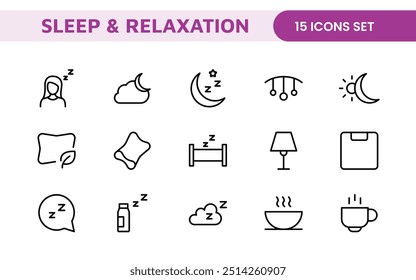 Sleep and Relaxation Icon Collection: Perfect for Wellness Apps, Meditation Tools, Sleep Aids, Stress Relief Techniques, and Calm Living Spaces.